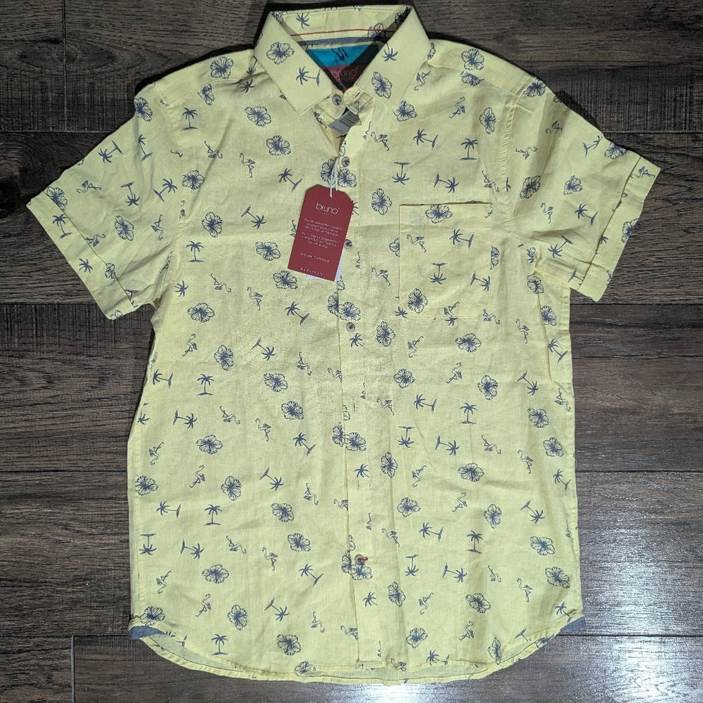 Bruno Milano Mens Short Sleeve Shirt Button Up Small NWT Yellow Flamingos Trees